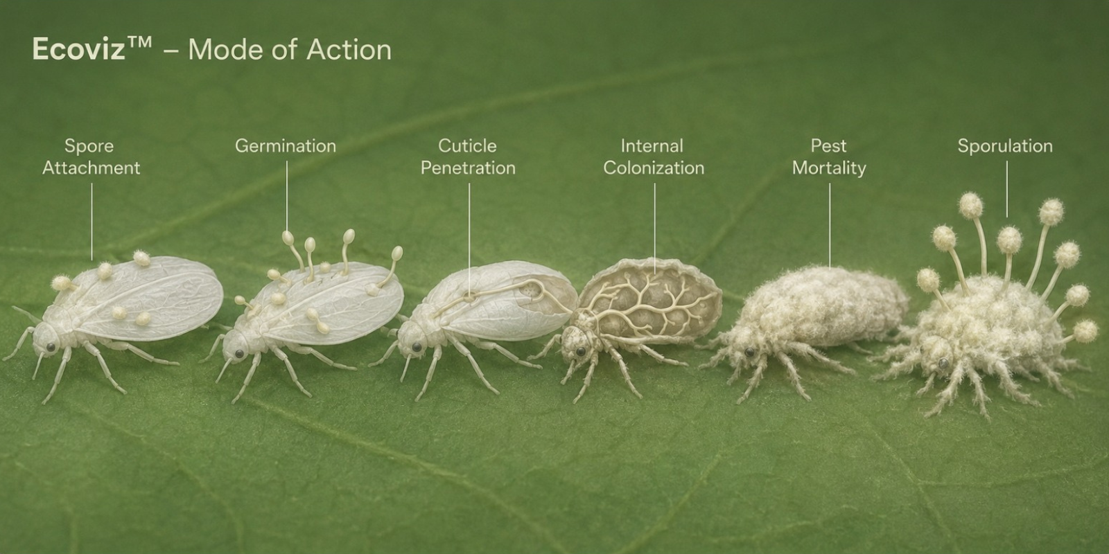 Ecoviz mode of action: Isaria fumosorosea attaching to and infecting insect pests